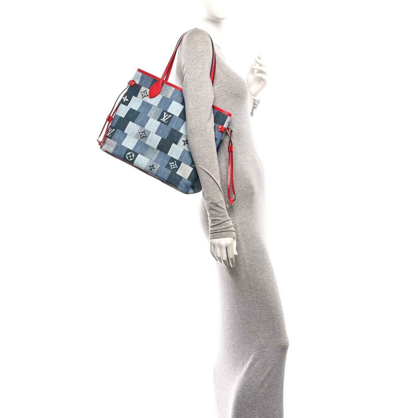 Denim Damier Monogram Patchwork Neverfull Blue Rouge
