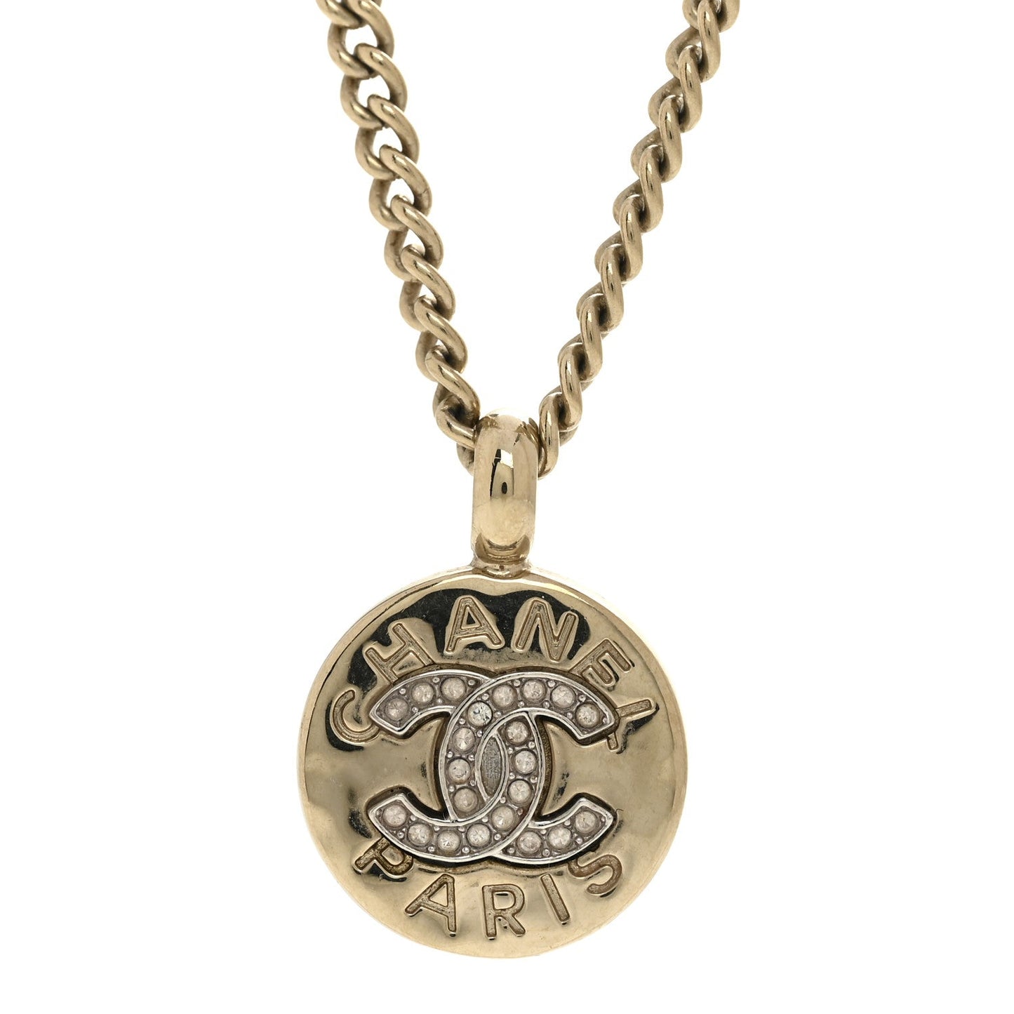 Metal Crystal CC Round Pendant Necklace Gold