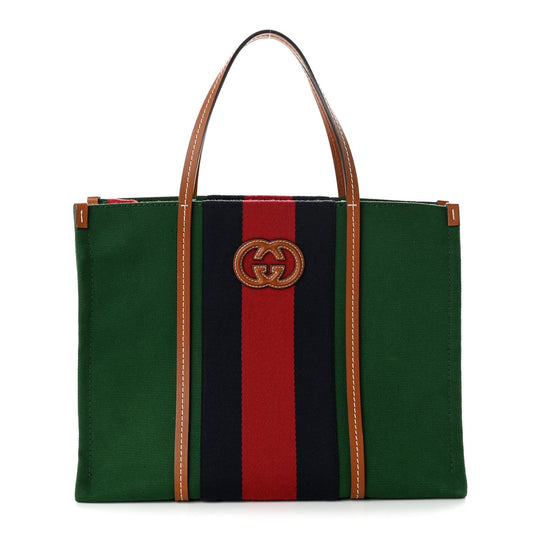 Canvas Calfskin Web Small Interlocking G Tote Bag Green Red