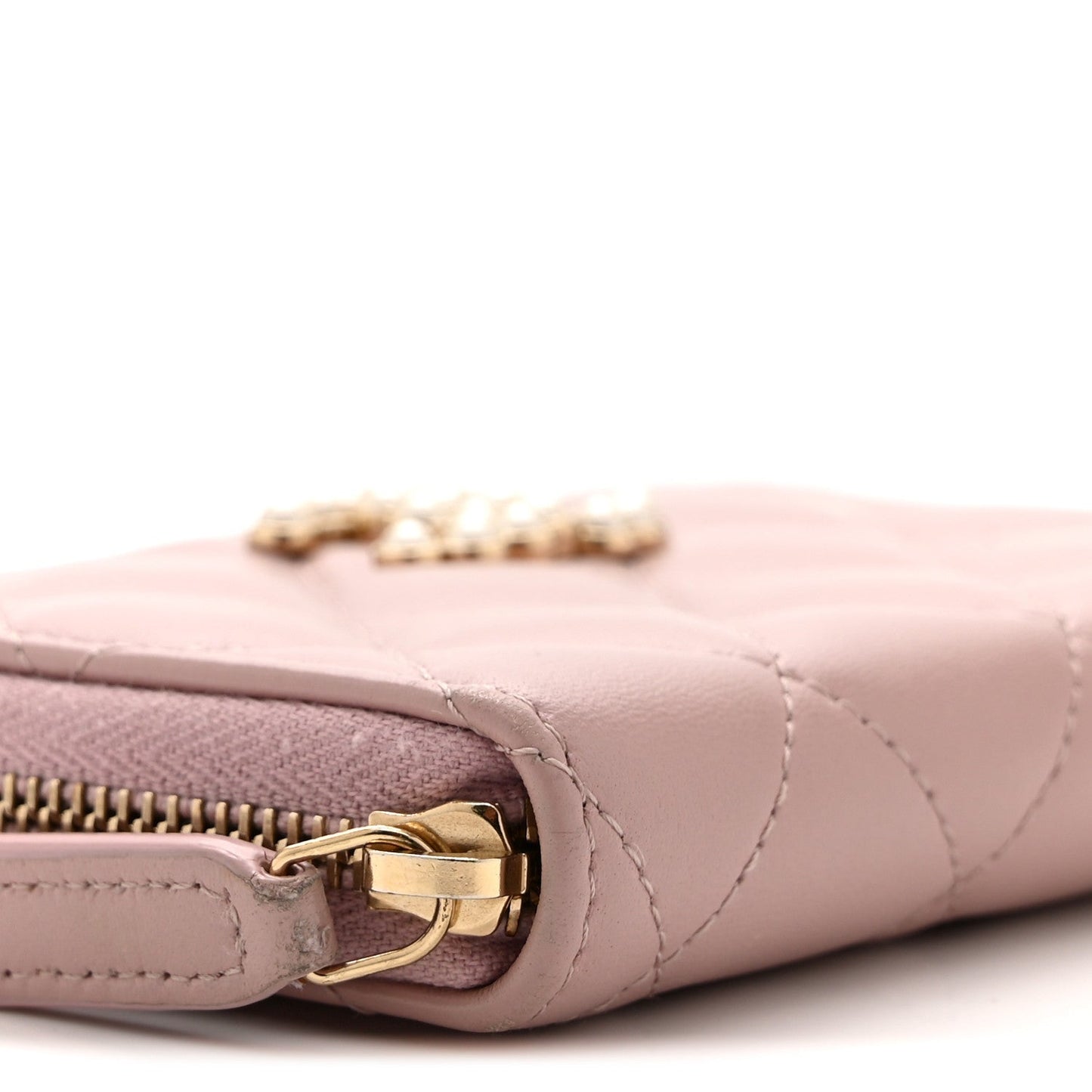 Lambskin Quilted Pearl CC Zip Around Coin Purse Wallet Pink