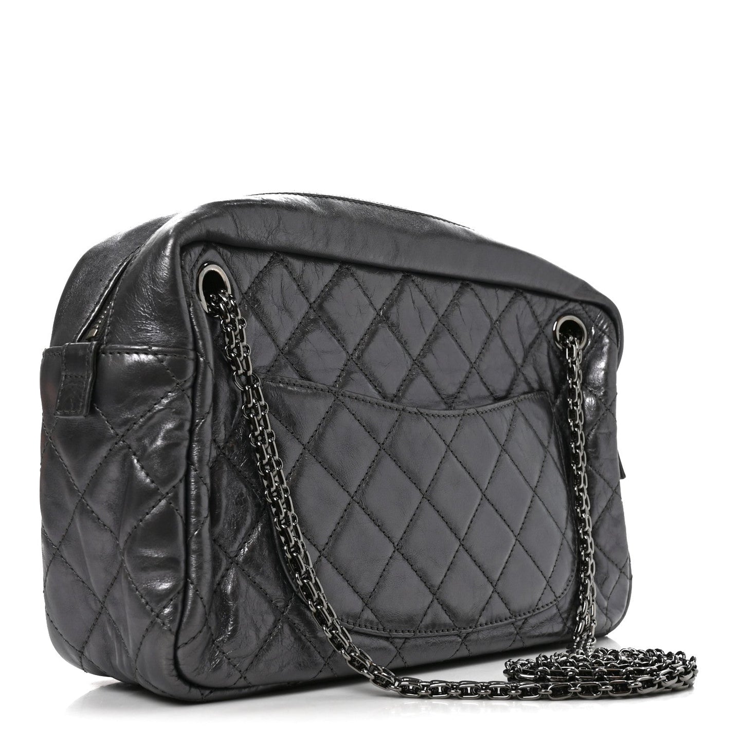 Metallic Aged Calfskin Quilted Medium Reissue Camera Case Dark Silver