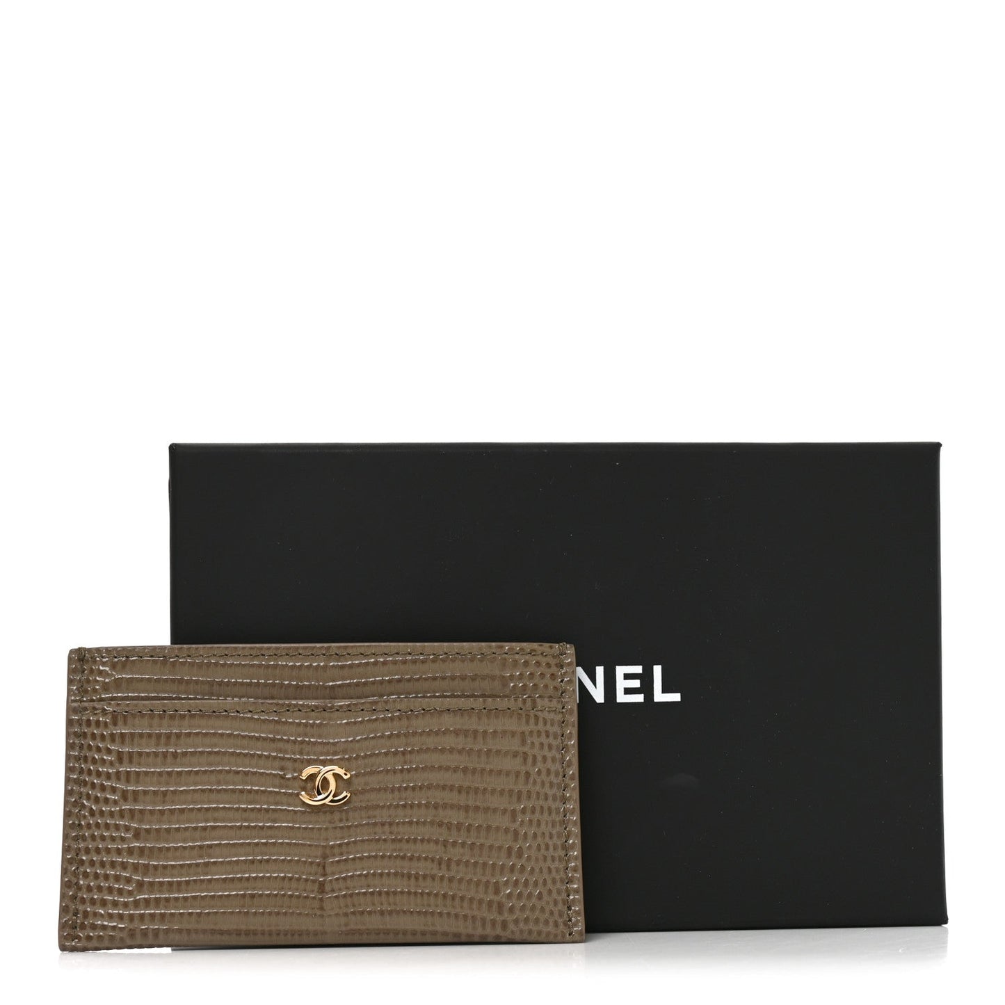 Calfskin Lizard Embossed Crococo Card Holder Dark Khaki
