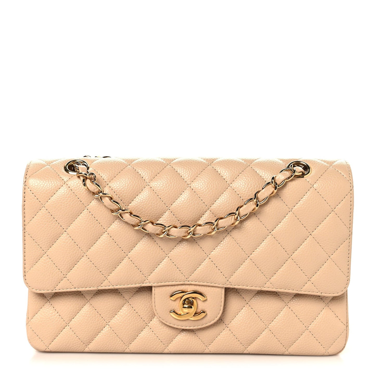 Caviar Quilted Medium Double Flap Beige
