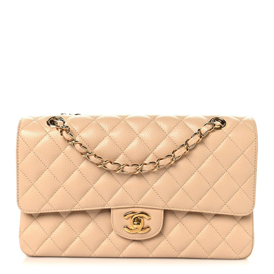 Caviar Quilted Medium Double Flap Beige