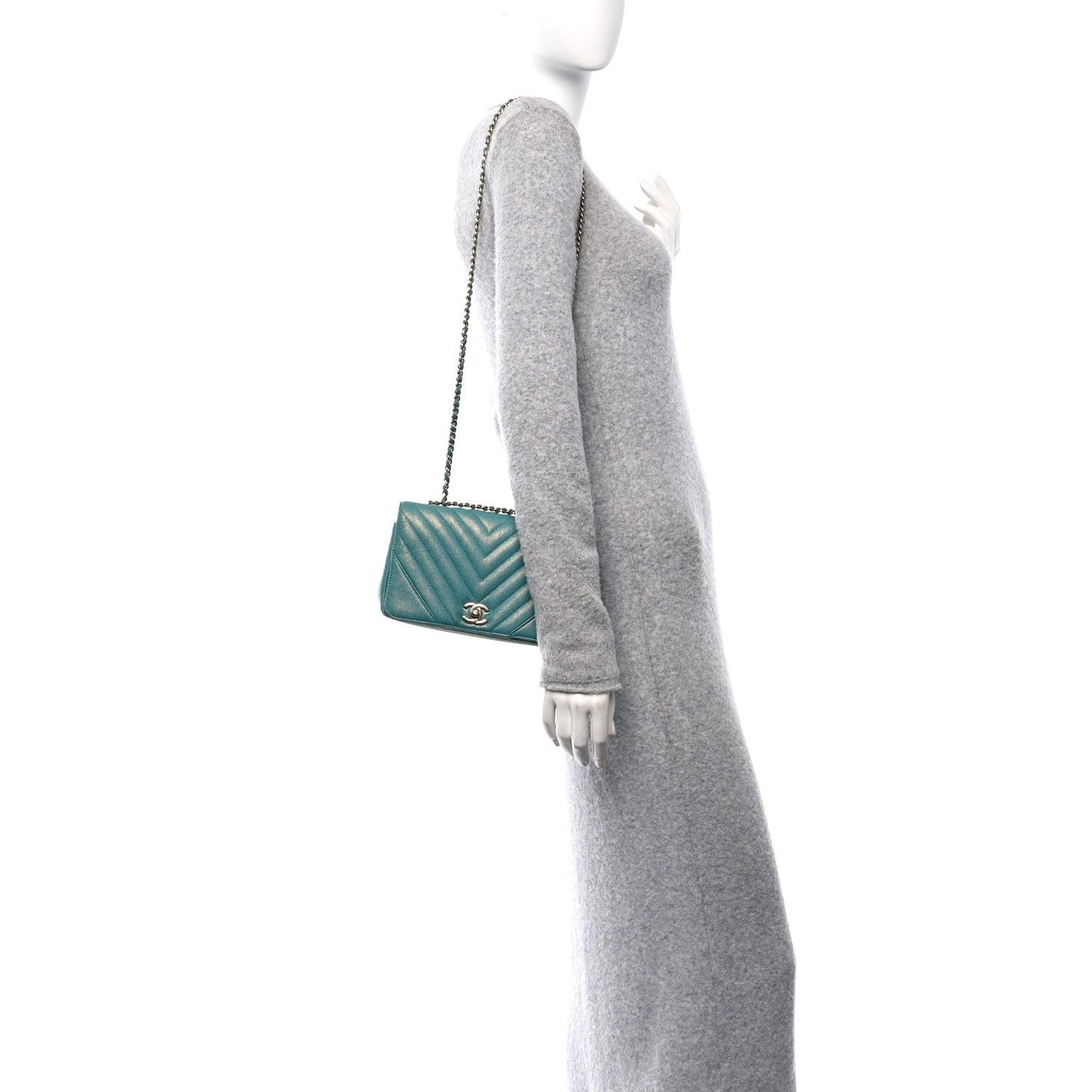 Caviar Chevron Quilted Small Statement Flap Turqouise