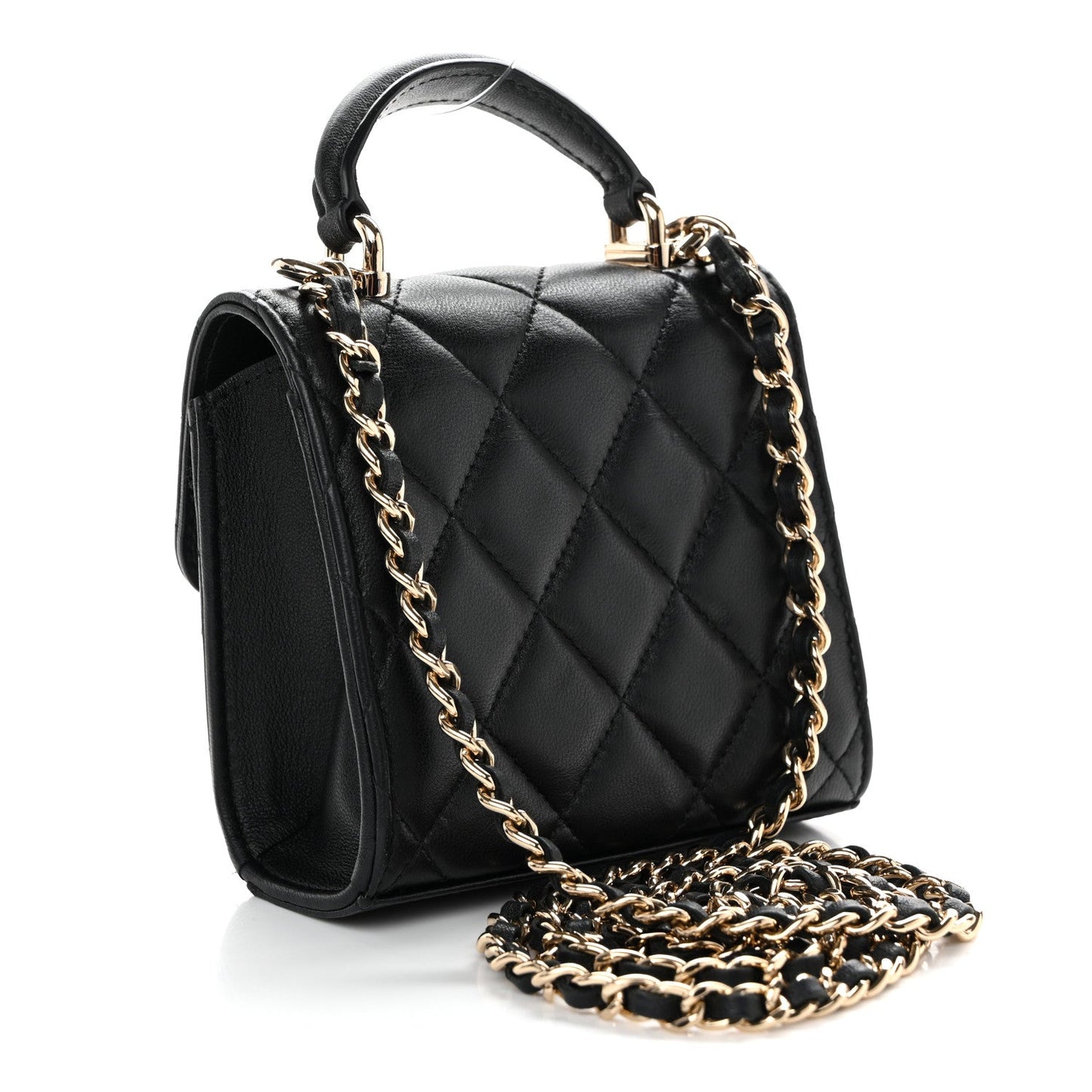 Lambskin Quilted Top Handle Flap Clutch With Chain Black