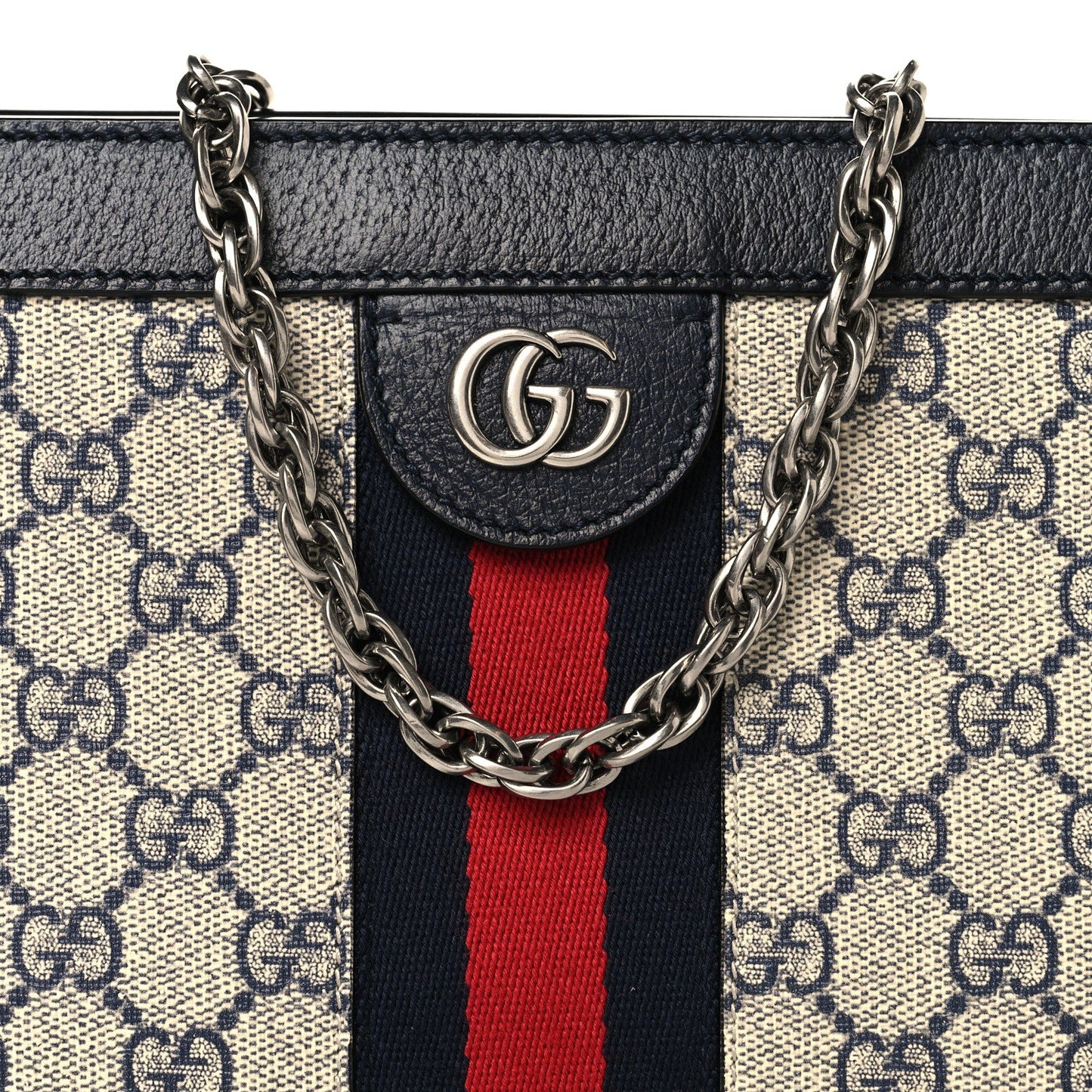 GG Supreme Monogram Textured Dollar Calfskin Web Small Ophidia Chain Shoulder Bag Beige Blue