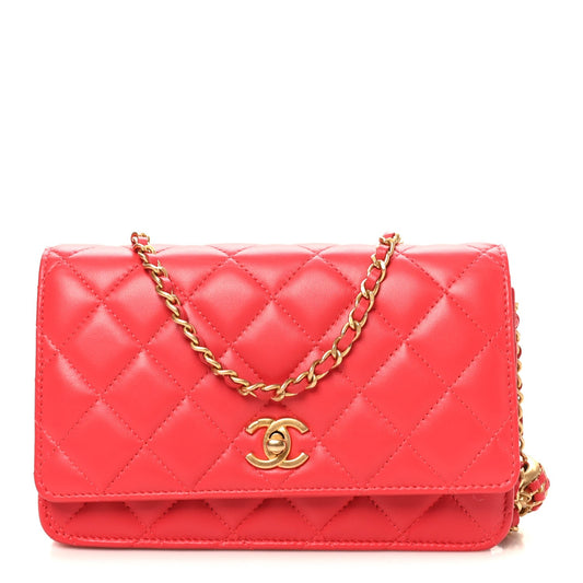 Lambskin Quilted CC Pearl Crush Wallet On Chain WOC  Red