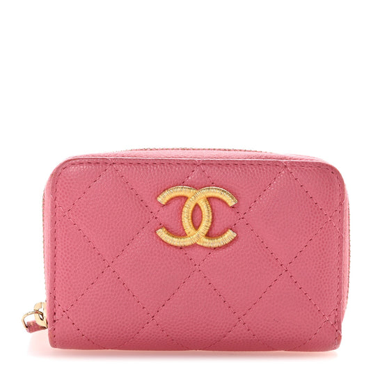 Caviar Quilted Textured CC Zip Around Coin Purse Black Pink