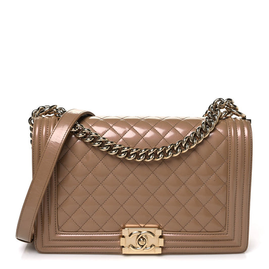 Iridescent Glazed Calfskin Quilted New Medium Boy Flap Dark Beige