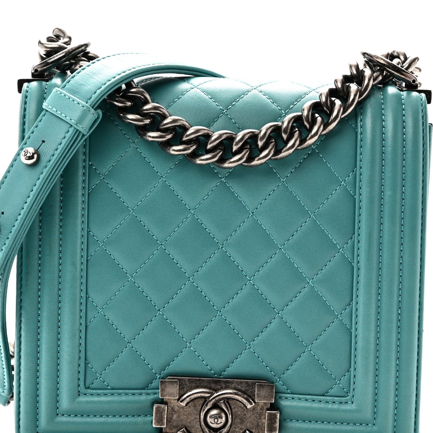 Calfskin Quilted North South Boy Flap Turquoise