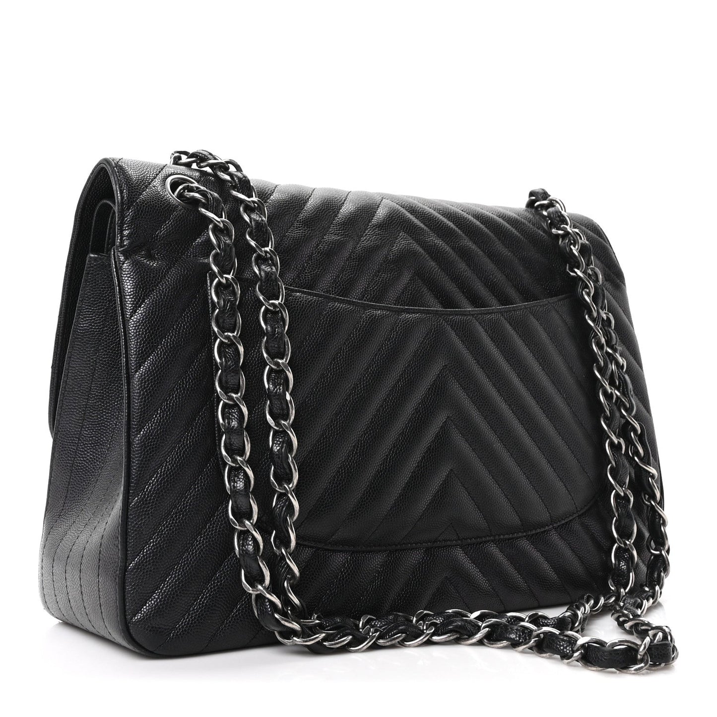 Iridescent Caviar Chevron Quilted Jumbo Double Flap Black