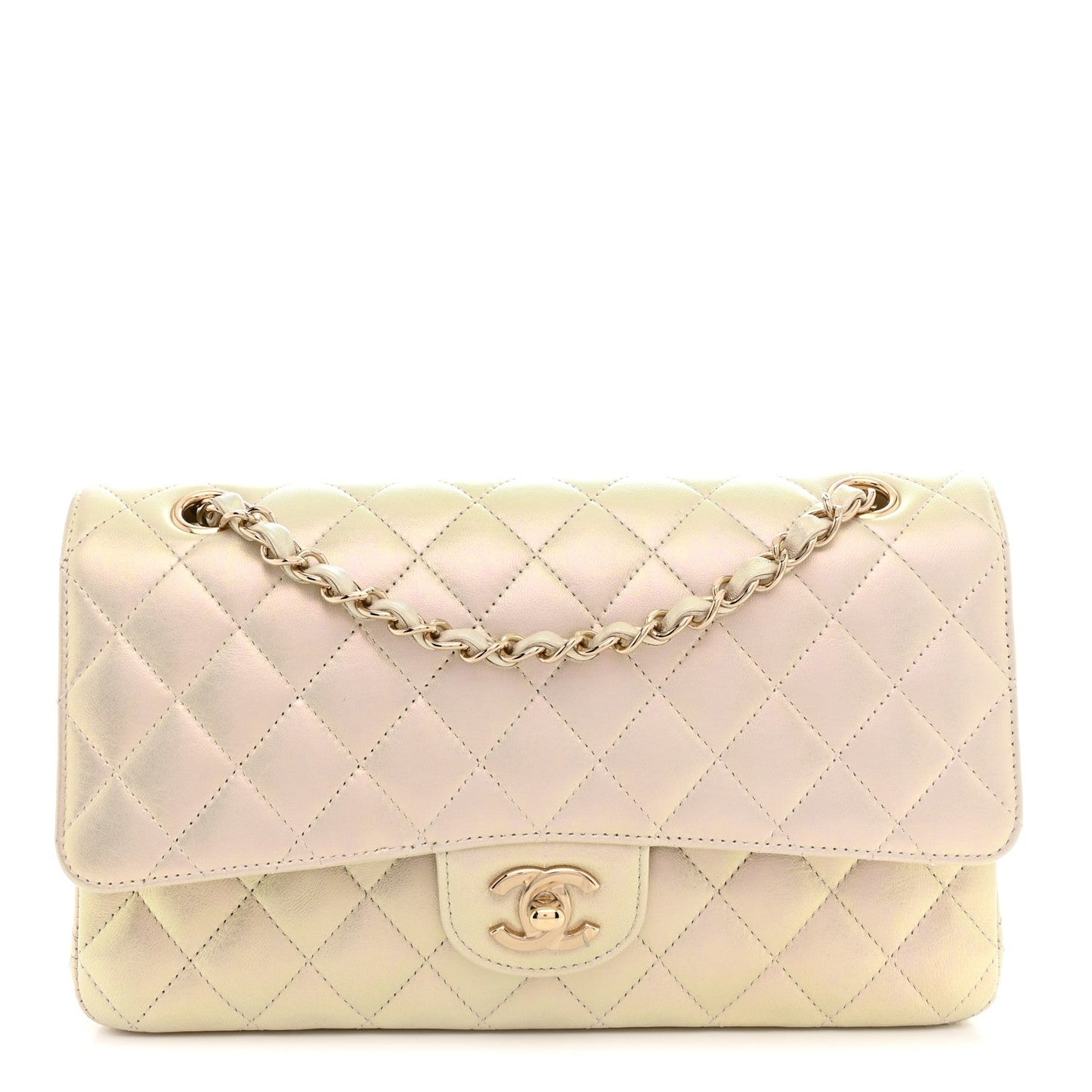 Iridescent Lambskin Quilted Medium Double Flap Ivory