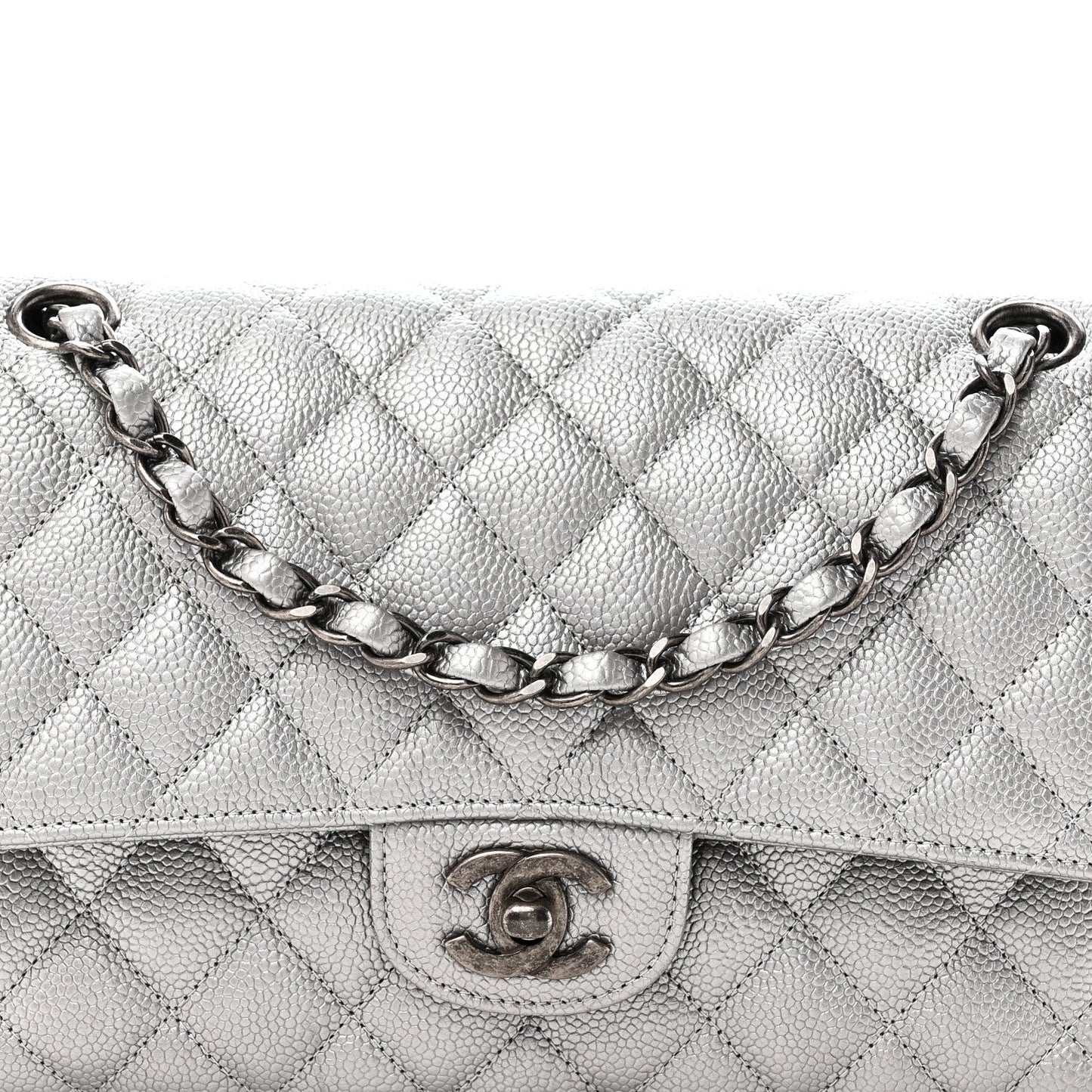Metallic Caviar Quilted Medium Double Flap Silvery