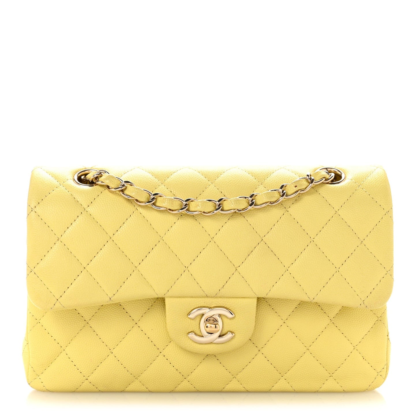 Caviar Quilted Small Double Flap Light Yellow