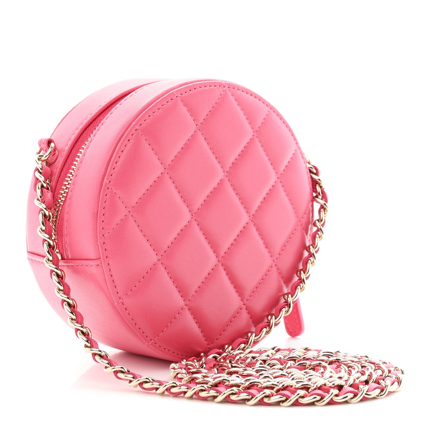 Lambskin Quilted All About Chanel Round Clutch With Chain Pink