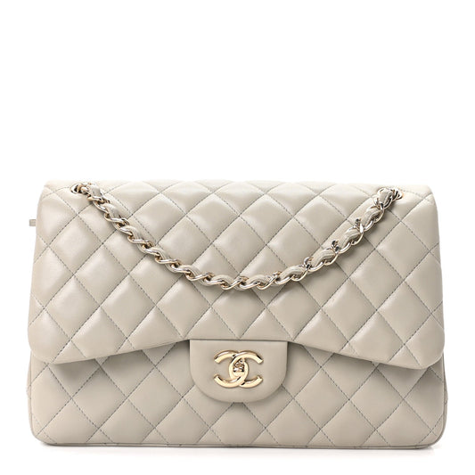Lambskin Quilted Jumbo Double Flap Grey