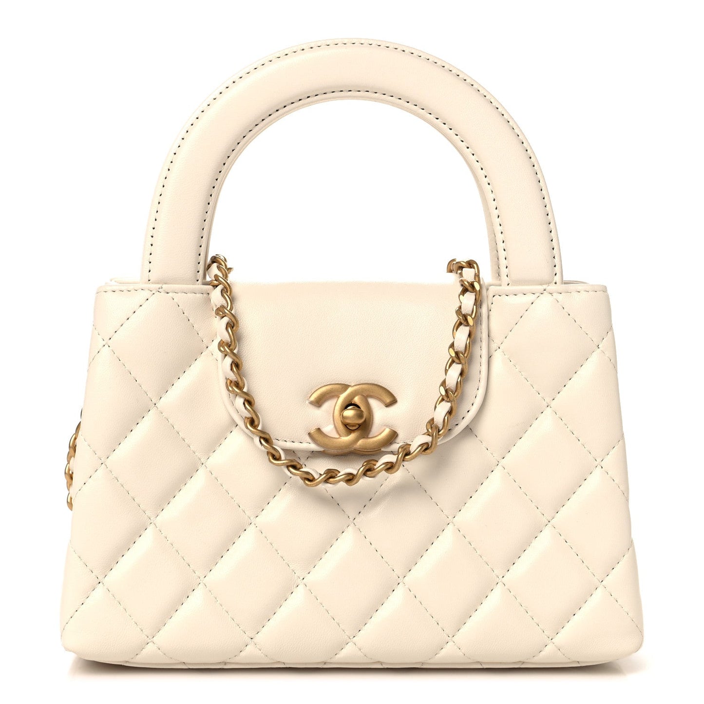 Shiny Aged Calfskin Quilted Nano Kelly Shopper White