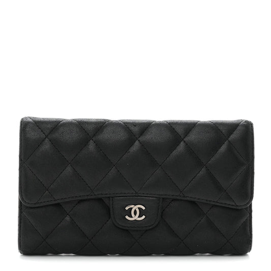 Lambskin Quilted Large Flap Wallet Black