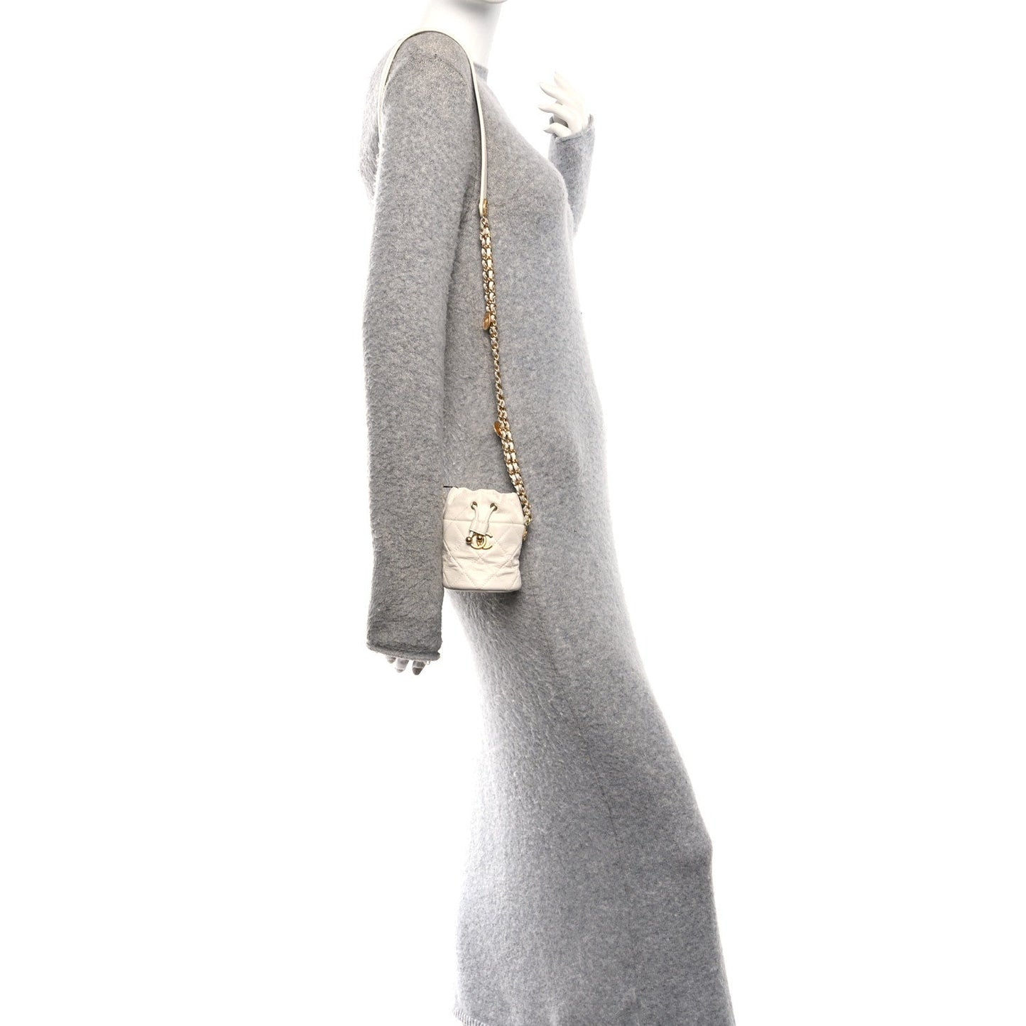 Caviar Quilted Twist Your Buttons Mini Bucket Bag White