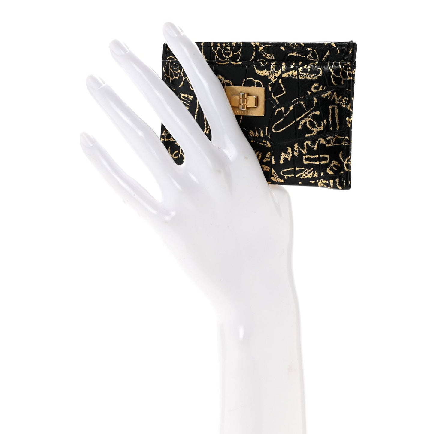 Calfskin Crocodile Embossed Graffiti 2.55 Cocodile Reissue Card Holder Black Gold