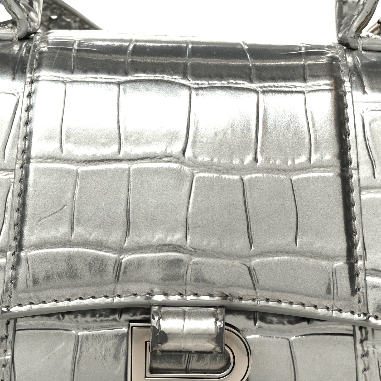 Metallic Calfskin Crocodile Embossed Hourglass Top Handle Bag XS Silver