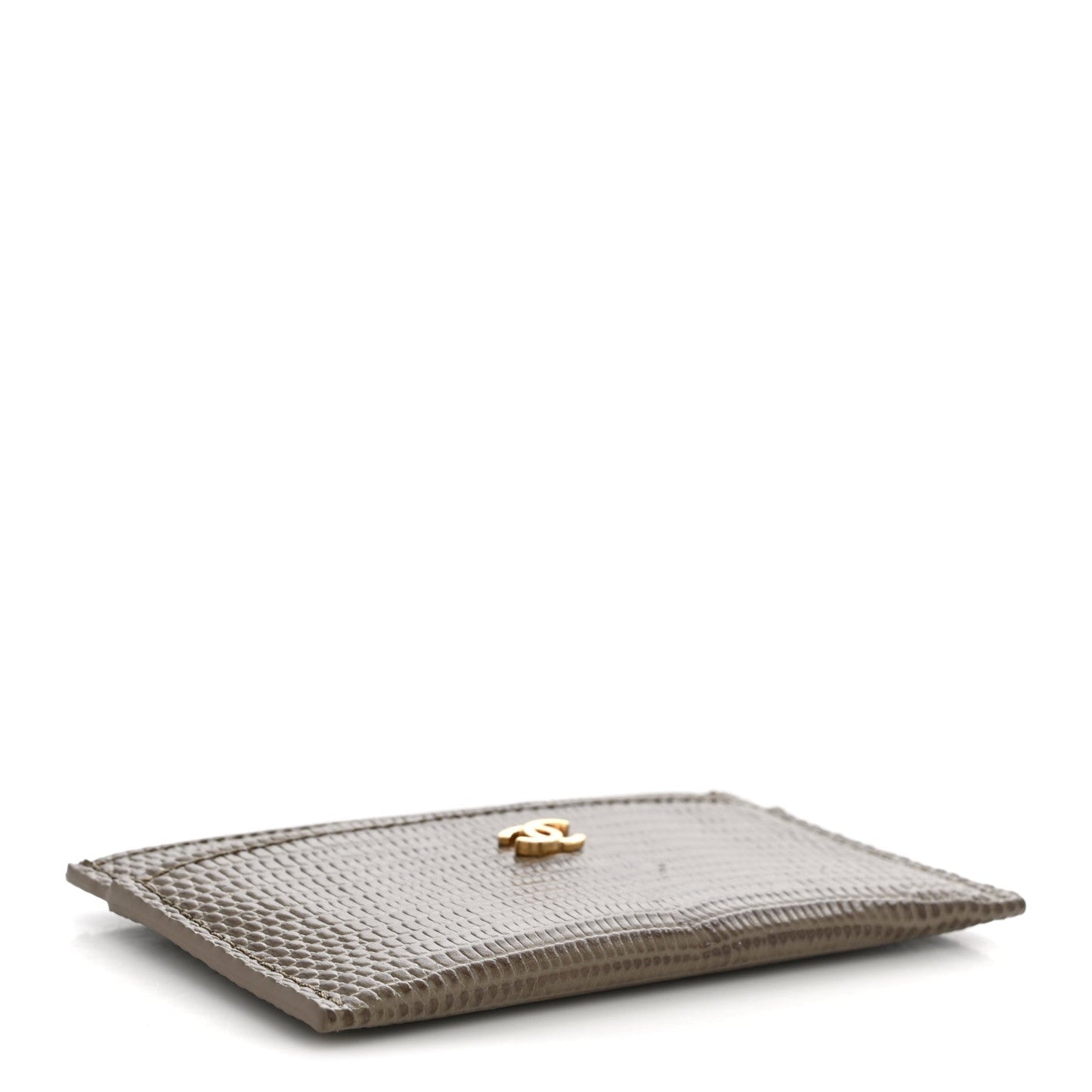 Calfskin Lizard Embossed Card Holder Gold Dark Khaki