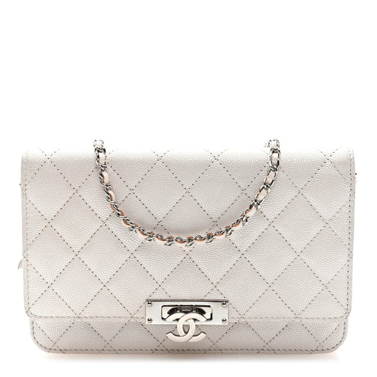 Iridescent Caviar Quilted Golden Class Wallet On Chain WOC White