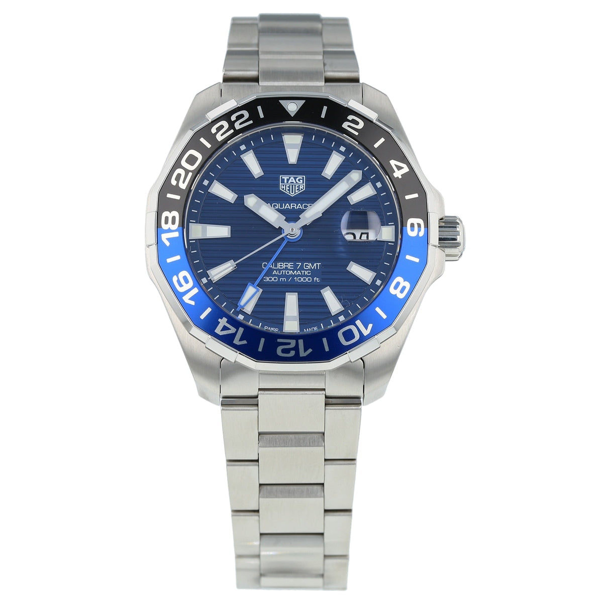 Tag Heuer Aquaracer GMT Calibre 6 Automatic Blue Dial Silver Steel Strap Watch for Men - WAY201T.BA0927