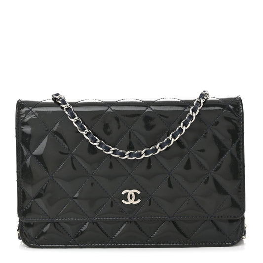 Patent Quilted Wallet On Chain WOC Navy Blue