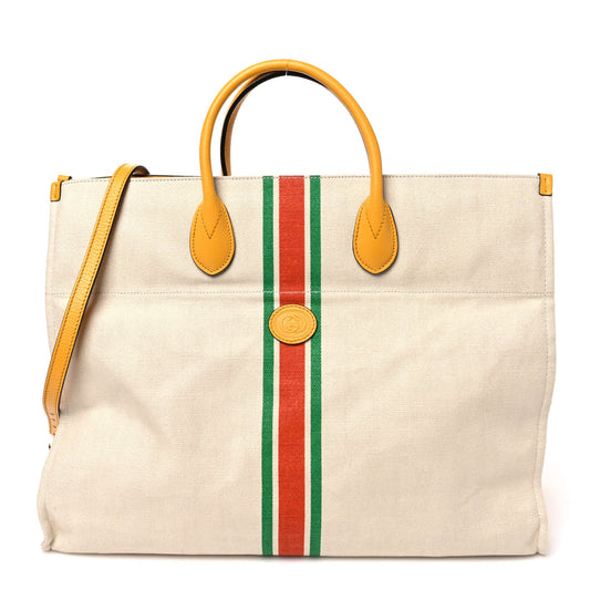 Linen Heavy Canvas Textured Dollar Calfskin Web Large Retro Interlocking G Foldable Tote Light Beige