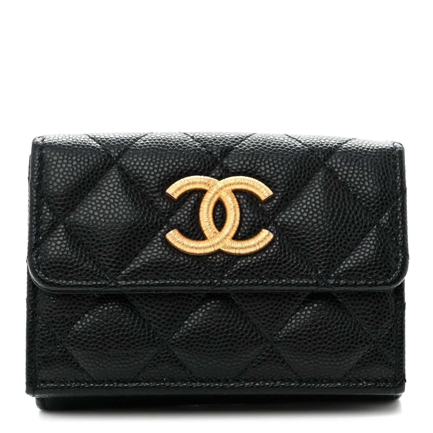Caviar Quilted Textured CC Tri-Fold Flap Wallet Black