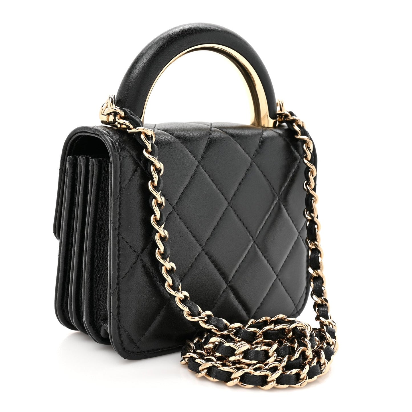 Lambskin Metal Quilted Top Handle Flap Clutch With Chain Black