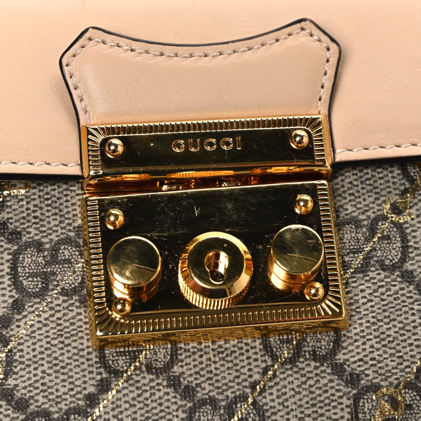 GG Supreme Monogram Calfskin Horsebit Print Mini Padlock Top Handle Shoulder Bag Beige Ebony Light Pink
