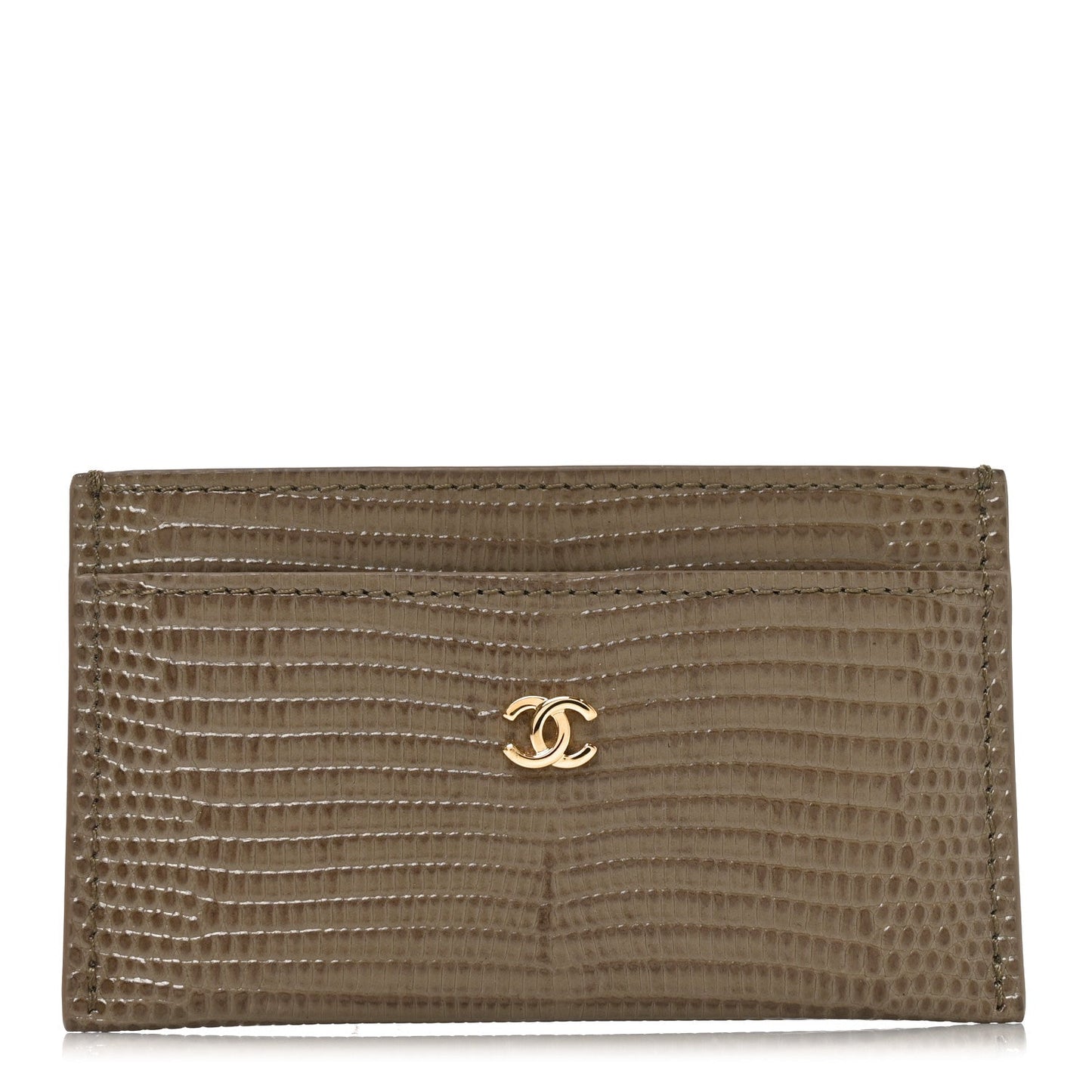 Calfskin Lizard Embossed Crococo Card Holder Dark Khaki