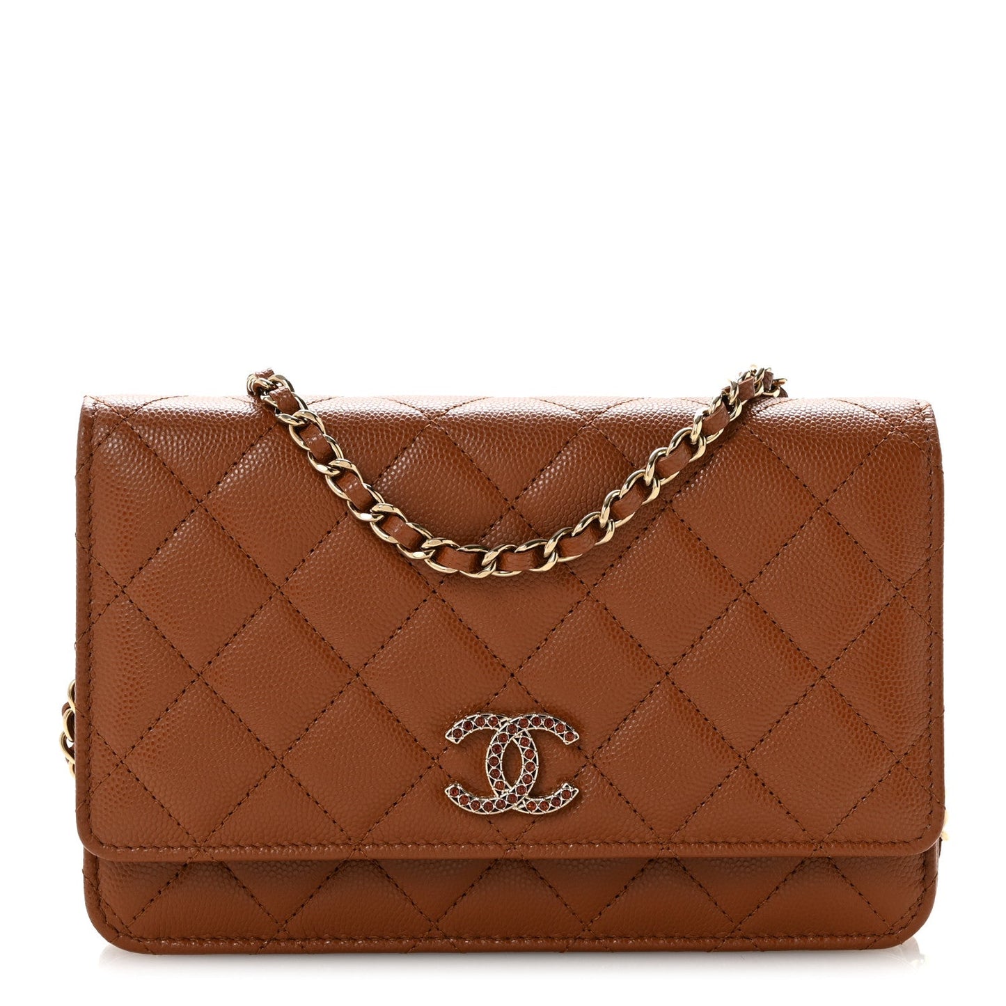Shiny Caviar Quilted Strass Wallet On Chain WOC Light Brown