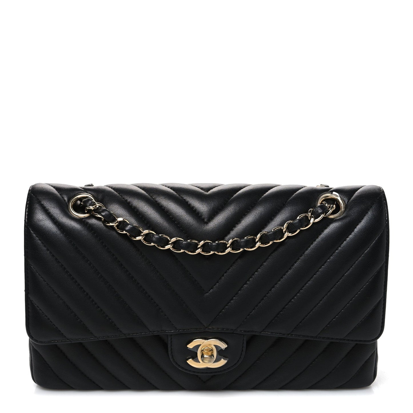 Lambskin Chevron Quilted Medium Double Flap Black