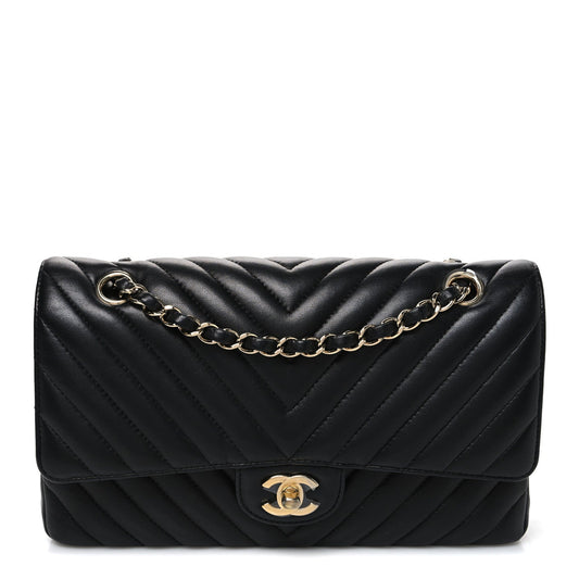 Lambskin Chevron Quilted Medium Double Flap Black