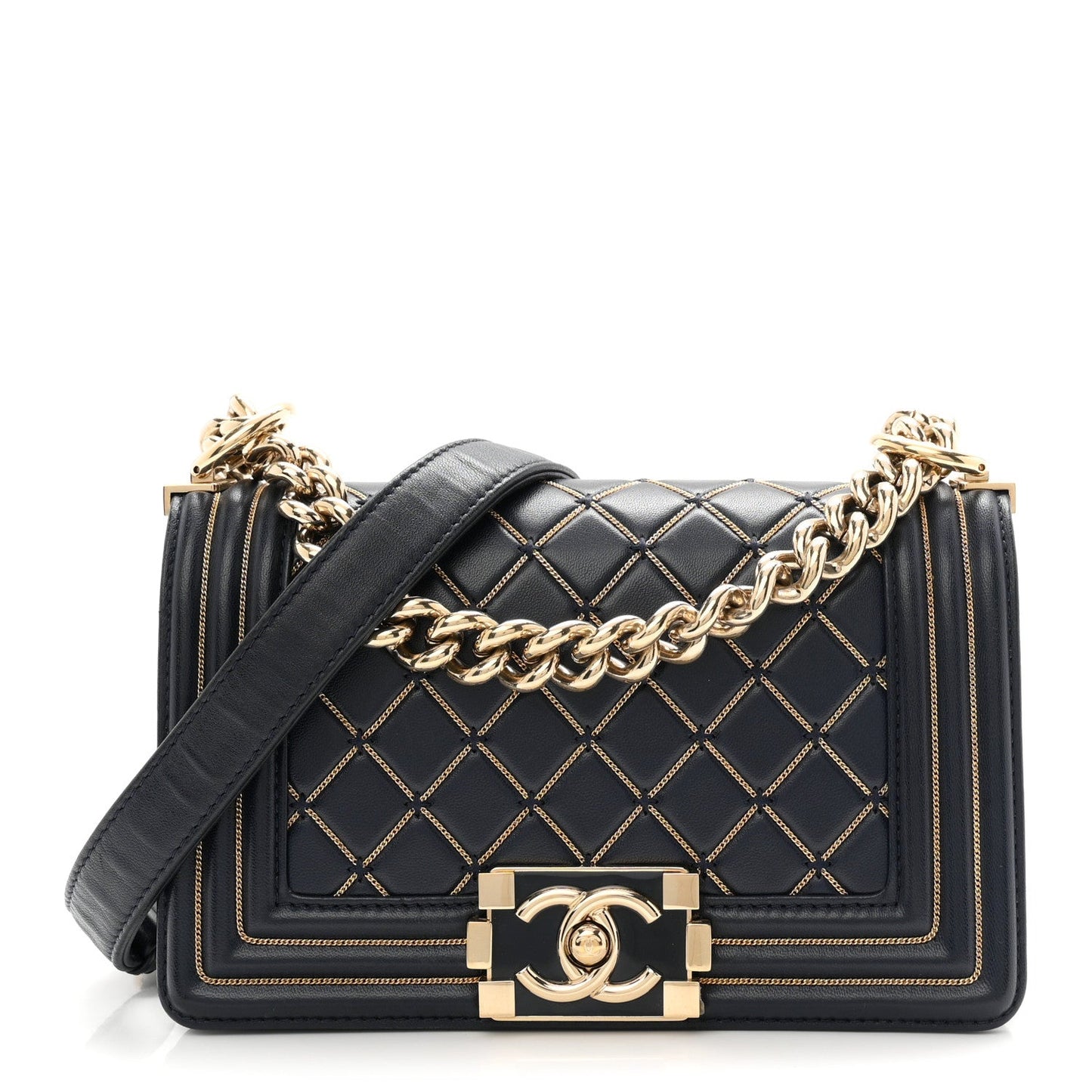 Lambskin Chain Quilted Small Boy Flap Navy