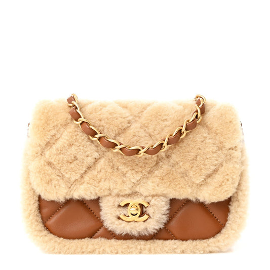 Shearling Lambskin Quilted Mini Furry Coco Flap Beige Brown