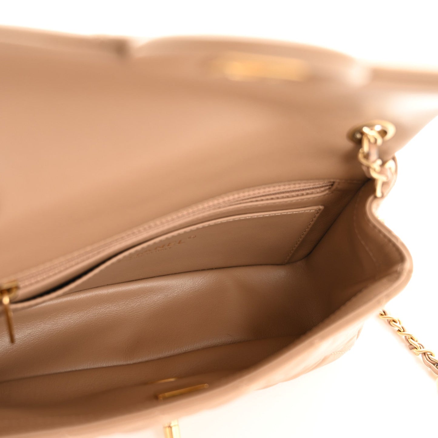 Lambskin Quilted Mini Rectangular Pearl Crush Flap Beige