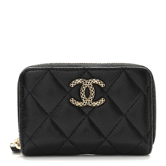 Caviar Quilted Textured CC Zip Around Coin Purse Black