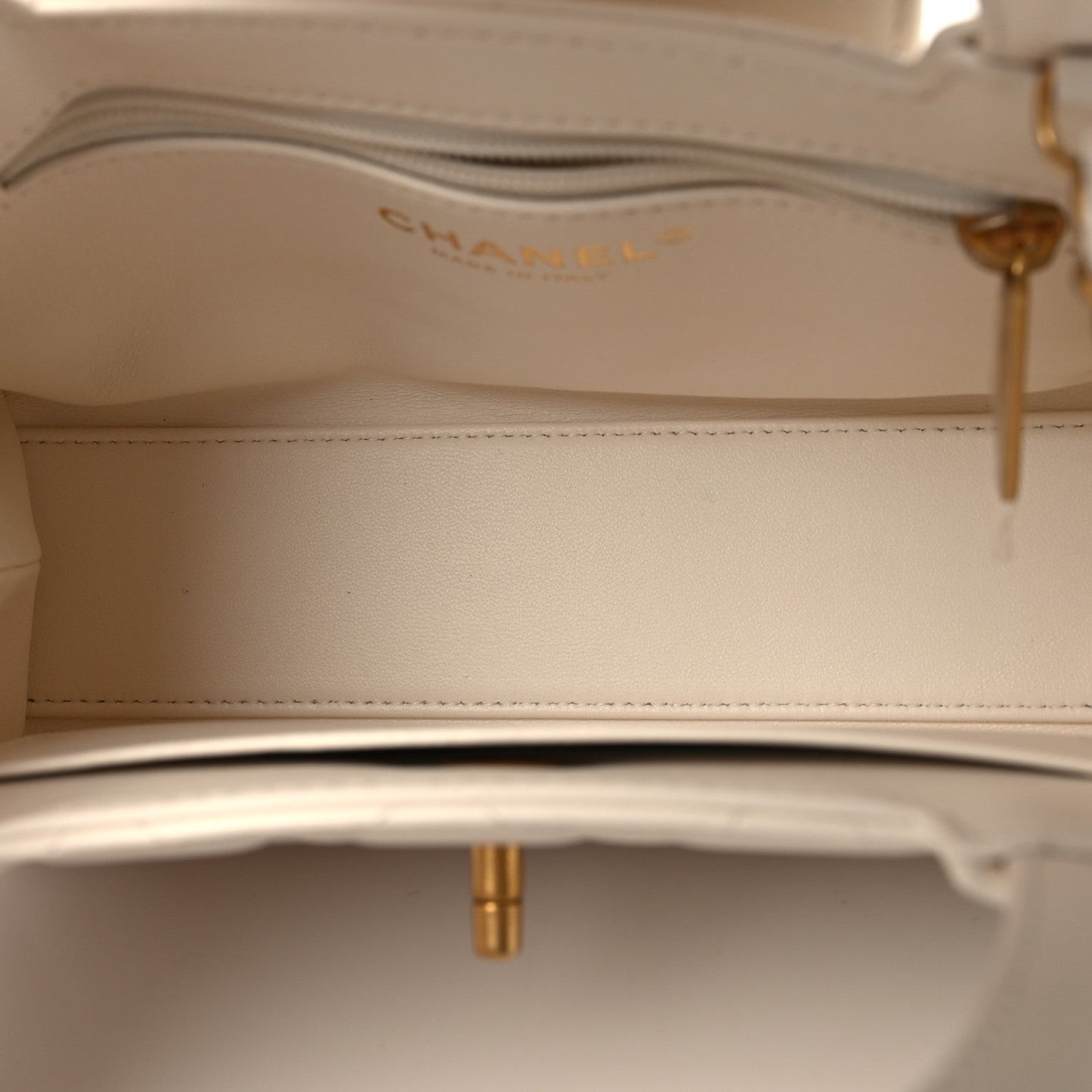 Shiny Aged Calfskin Quilted Nano Kelly Shopper White