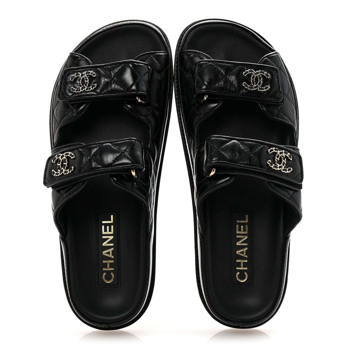 Lambskin Quilted Velcro Dad Chain CC Slide Sandals 38 Black