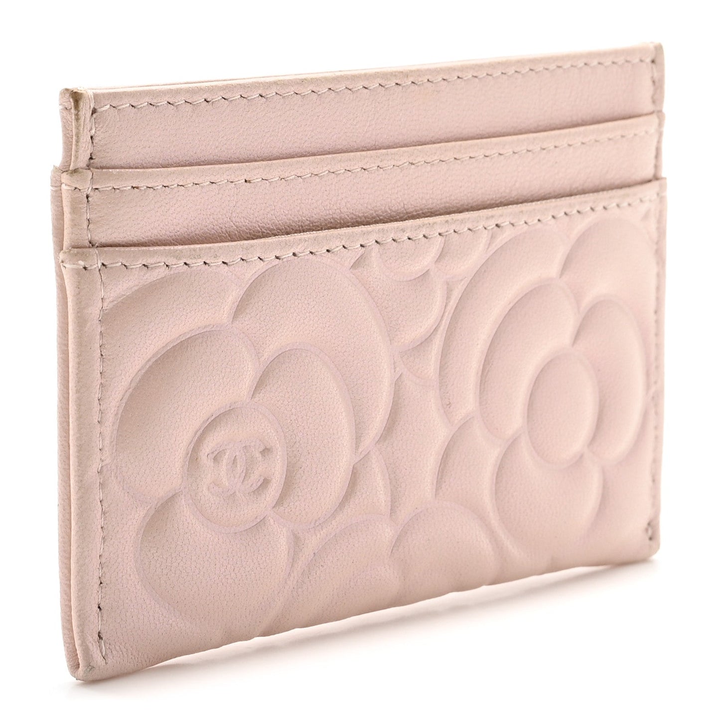 Iridescent Lambskin Camellia Embossed Card Holder Light Pink