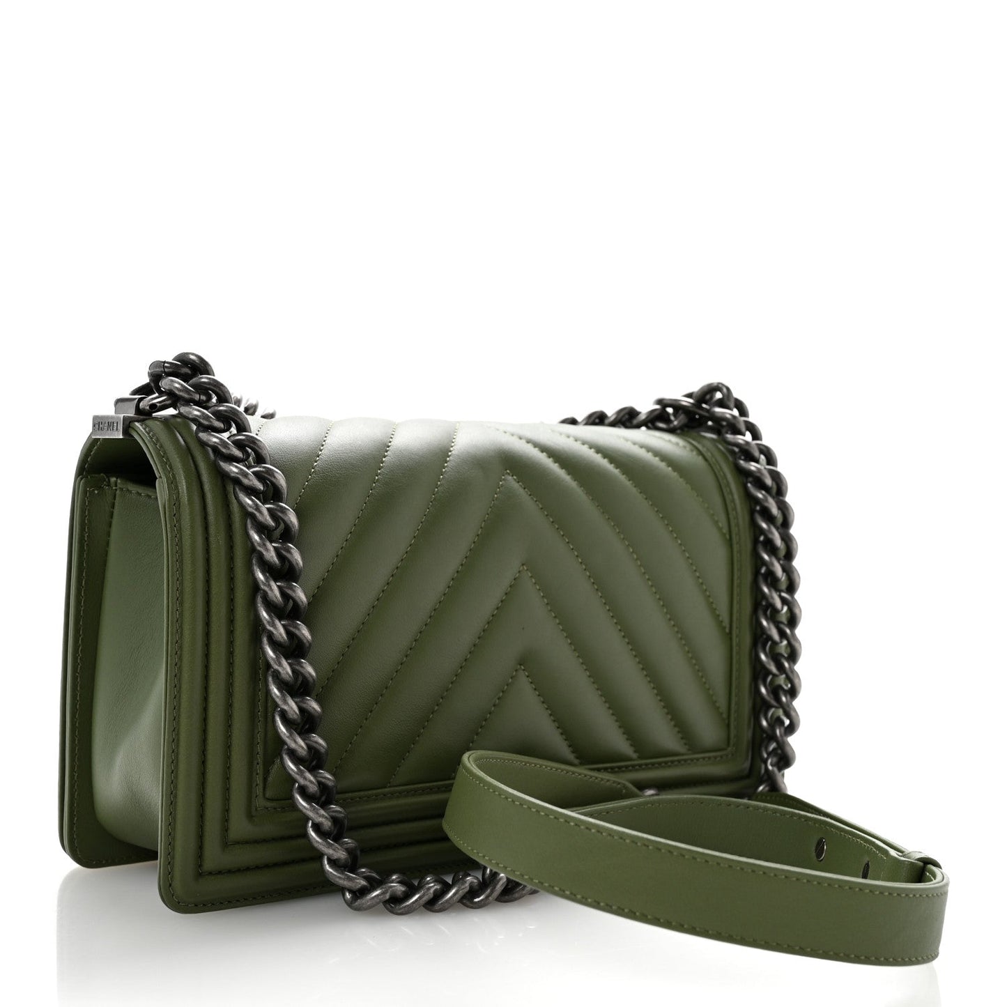 Calfskin Chevron Quilted Medium Boy Flap Dark Green