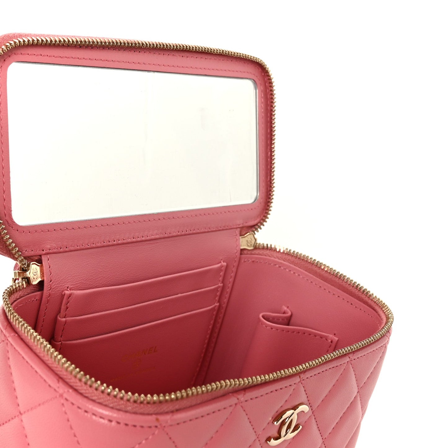 Lambskin Quilted Small Top Handle Vanity Case With Chain Pink