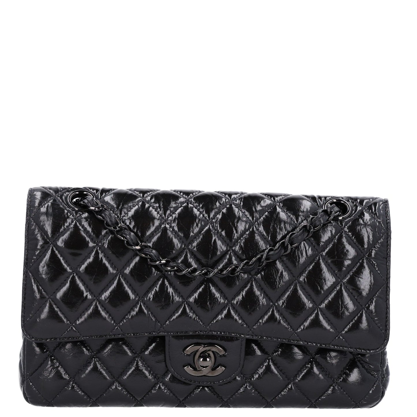 Shiny Crumpled Calfskin Quilted Medium Double Flap So Black
