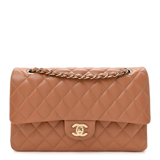 Lambskin Quilted Medium Double Flap Brown