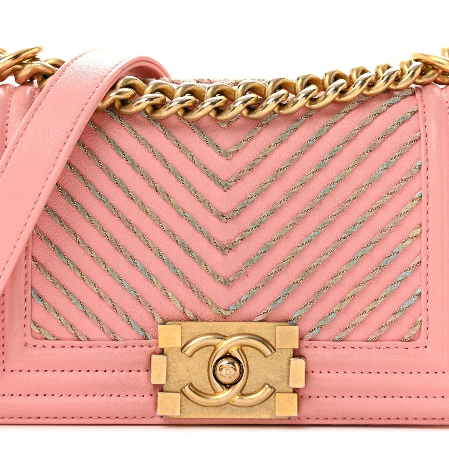 Calfskin Chevron Embroidered Small Boy By The Sea Flap Pink